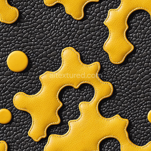 Seamless 3D Pebbled Black Leather with Yellow Stitched Puzzle Patchwork PBR Texture