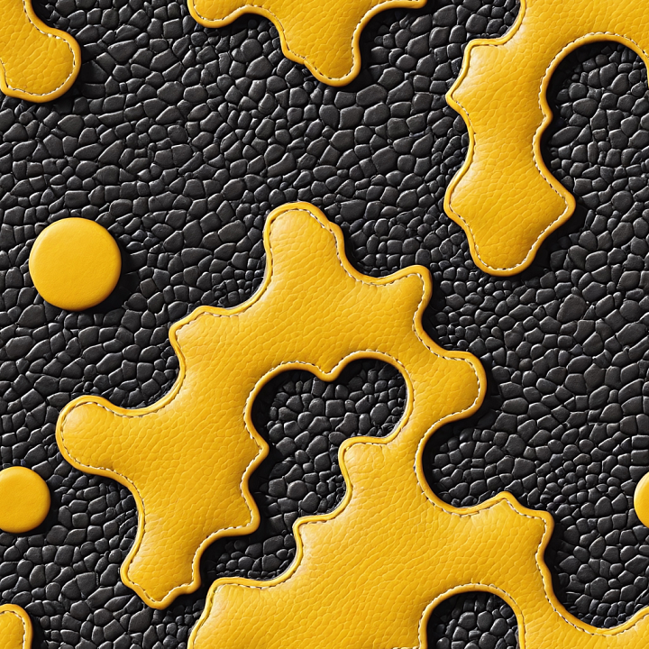 Pebbled Black Leather with Yellow Stitched Puzzle Patchwork seamless PBR texture preview