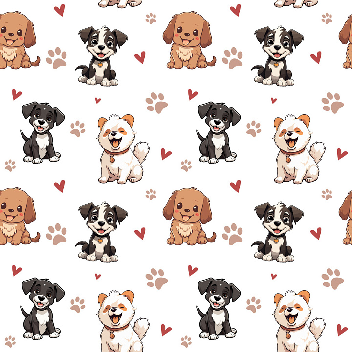 Pattern with Cartoon Dog Motifs and Playful Hearts seamless PBR texture preview