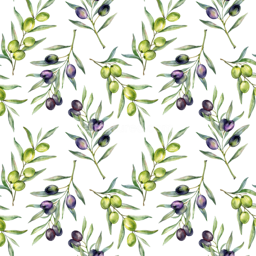 Seamless 3D PBR Texture of Watercolor Olive Branches with Green and Purple Berries