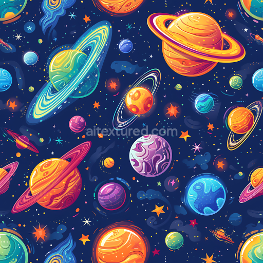 Preview — Seamless 3D Space PBR Texture Featuring Colorful Cartoon-Style Planets & Starfield