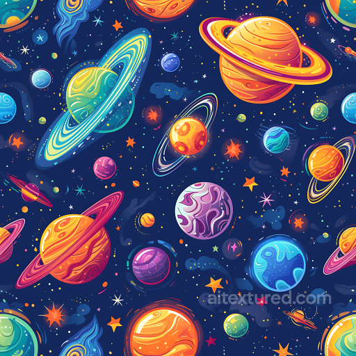 Space PBR Texture Featuring Colorful Cartoon-Style Planets & Starfield seamless Star, space, planets PBR texture