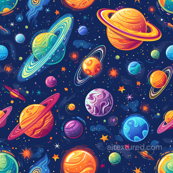 Space PBR Texture Featuring Colorful Cartoon-Style Planets & Starfield Star, space, planets texture preview