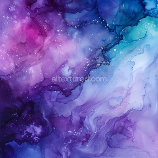 Seamless 3D Alcohol Ink PBR Texture Featuring Purple and Blue Fluid Marbling with Ethereal Wisps