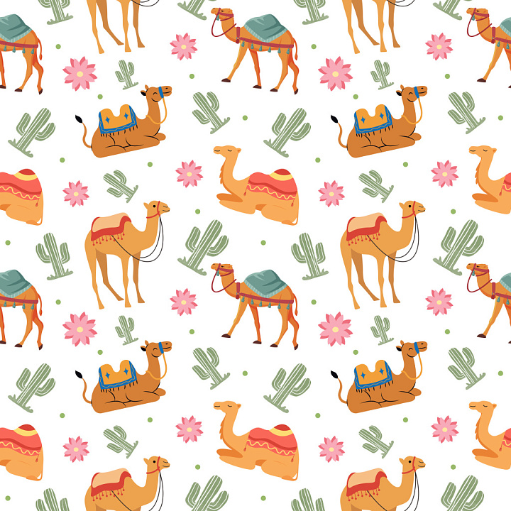 Pattern with Cartoon Camel Motifs and Desert Elements seamless PBR texture preview