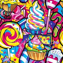 seamless Seamless 3D PBR texture with colorful candy-themed graffiti art and bold outlines texture 8k free download PBR