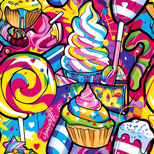 Seamless 3D PBR texture with colorful candy-themed graffiti art and bold outlines