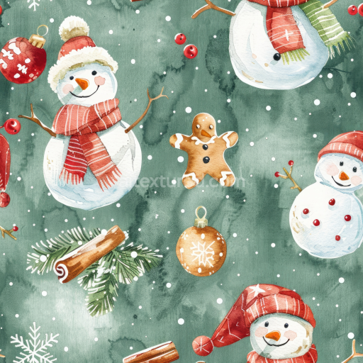 Seamless 3D PBR Watercolor Christmas Texture with Snowmen and Festive Elements