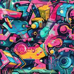 seamless Seamless 3D PBR Texture of Vibrant Abstract Mechanical Graffiti on Wood texture 8k free download PBR