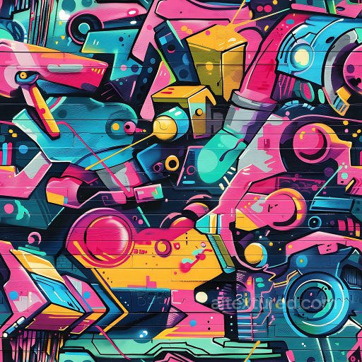 Seamless 3D PBR Texture of Vibrant Abstract Mechanical Graffiti on Wood texture preview