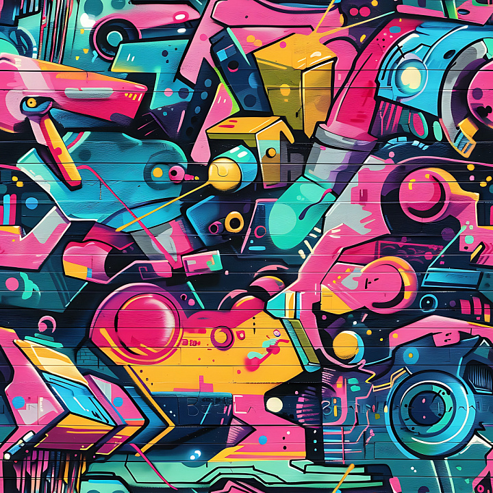 Vibrant Abstract Mechanical Graffiti on Wood seamless PBR texture preview