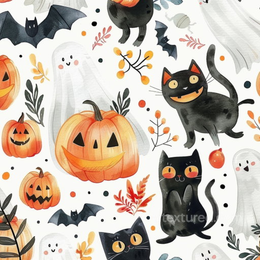 Watercolor Halloween Texture with Pumpkins, Black Cats & Ghosts seamless Watercolor Halloween PBR texture