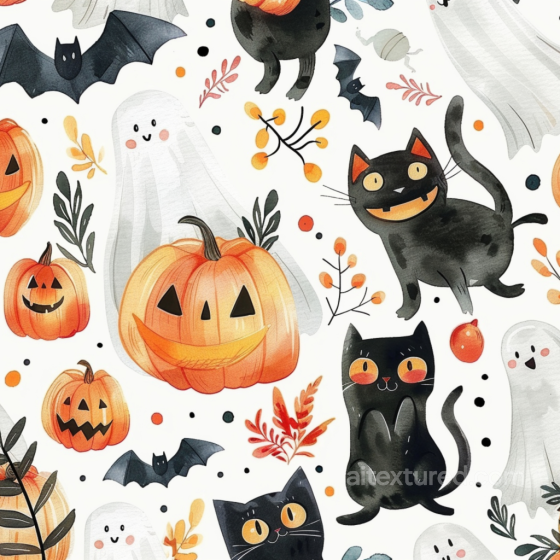 Watercolor Halloween Texture with Pumpkins, Black Cats & Ghosts Watercolor Halloween texture preview