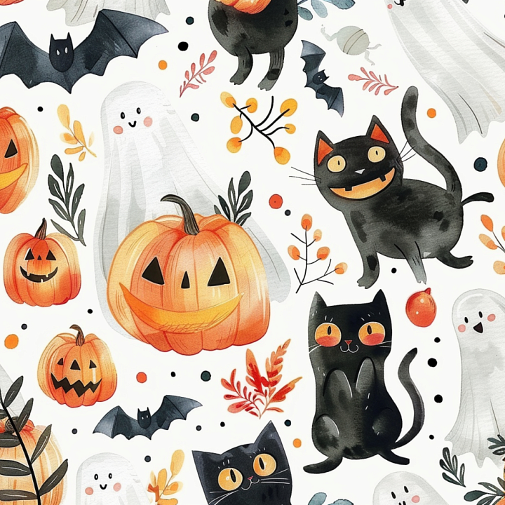 Featuring Watercolor Halloween Pumpkins, Cats, and Ghosts seamless PBR texture preview