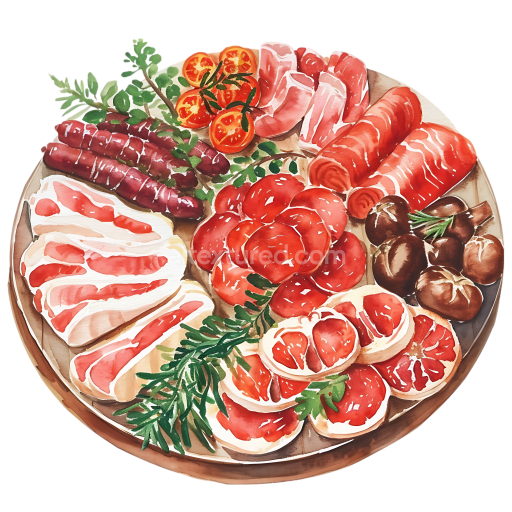 Watercolor Meatlovers Breakfast Platter Illustration with Sausages and Tomatoes