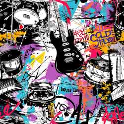 seamless Seamless 3D PBR texture featuring musical graffiti art with guitars and drums texture 8k free download PBR