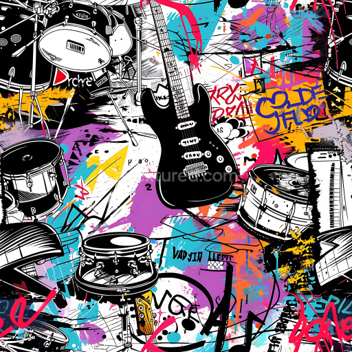 Seamless 3D PBR texture featuring musical graffiti art with guitars and drums