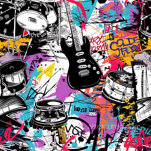 Seamless 3D PBR texture featuring musical graffiti art with guitars and drums texture preview