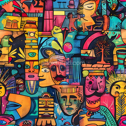 Seamless 3D PBR Texture Featuring Colorful Urban Graffiti with Abstract Faces and Symbols