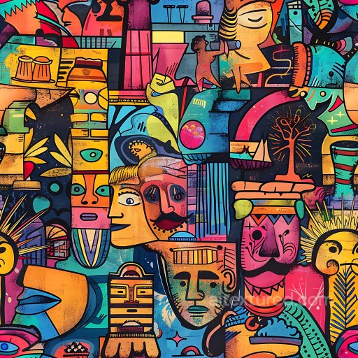 Seamless 3D PBR Texture Featuring Colorful Urban Graffiti with Abstract Faces and Symbols texture preview