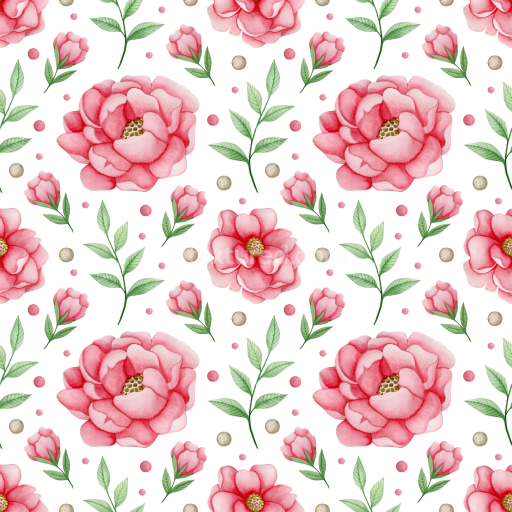 Seamless 3D PBR Texture of Pink Watercolor Flowers with Green Leaves