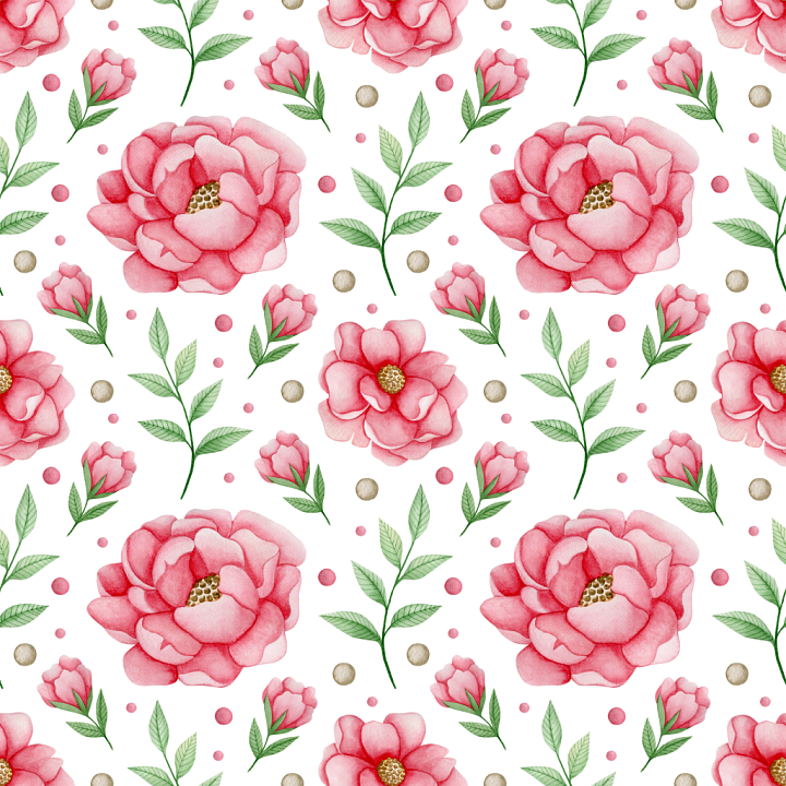Pink Flower of Pink Watercolor Flowers with Green Leaves seamless PBR texture preview