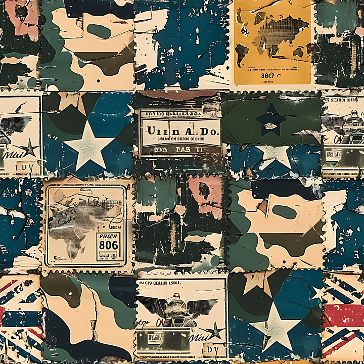 Stylized Military Camouflage with Vintage US Army Elements seamless PBR texture preview