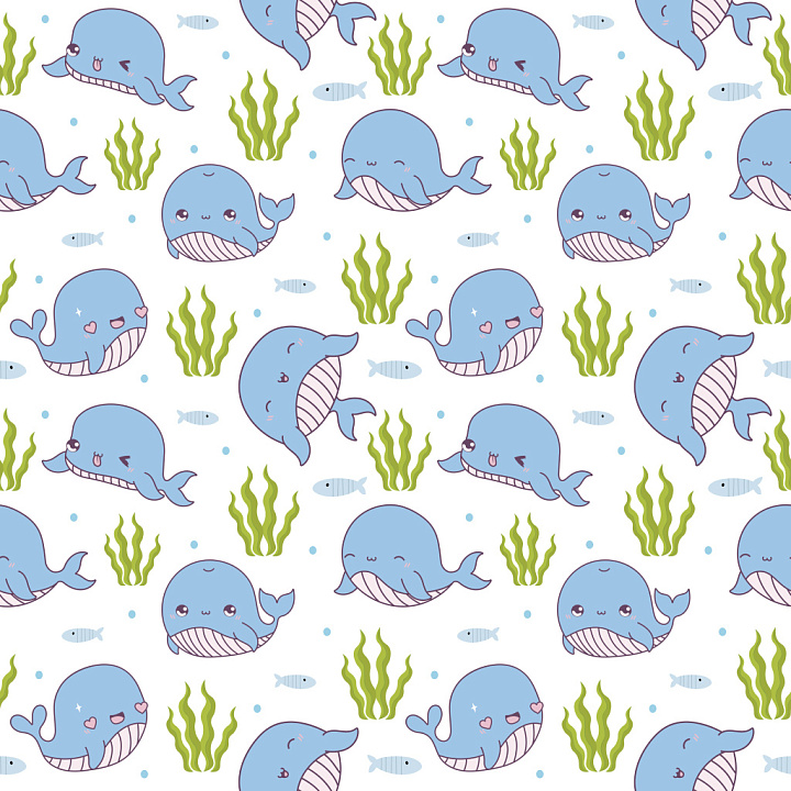 Pattern with Cute Cartoon Whale Motifs and Marine Elements seamless PBR texture preview