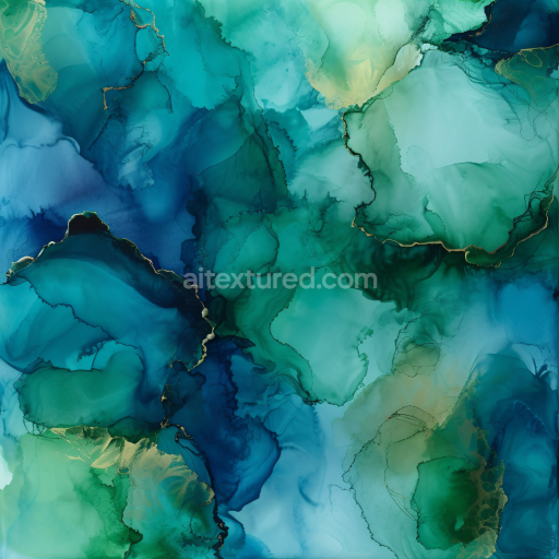 Seamless 3D Alcohol Ink PBR Texture Featuring Blue-Green Fluid Swirls with Gold Veins