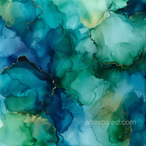 Alcohol Ink PBR Texture Featuring Blue-Green Fluid Swirls with Gold Veins seamless Alcohol ink PBR texture