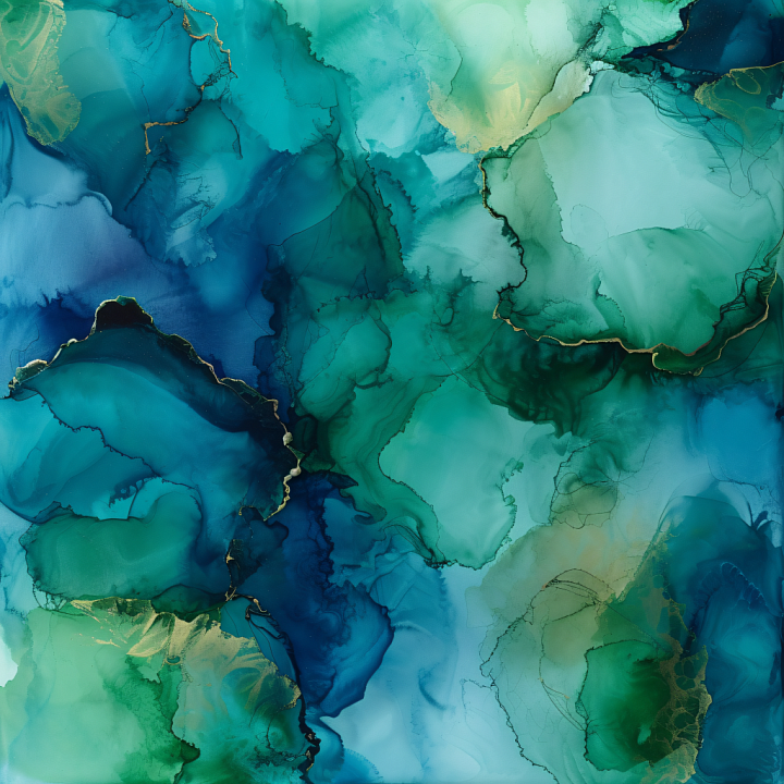 Alcohol Ink Featuring Blue-Green Fluid Swirls with Gold Veins seamless PBR texture preview