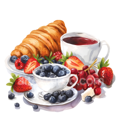 seamless Watercolor Style Breakfast with Croissant, Tea, and Mixed Berries texture 8k free download PBR