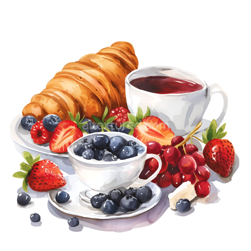 Watercolor Style Breakfast with Croissant, Tea, and Mixed Berries