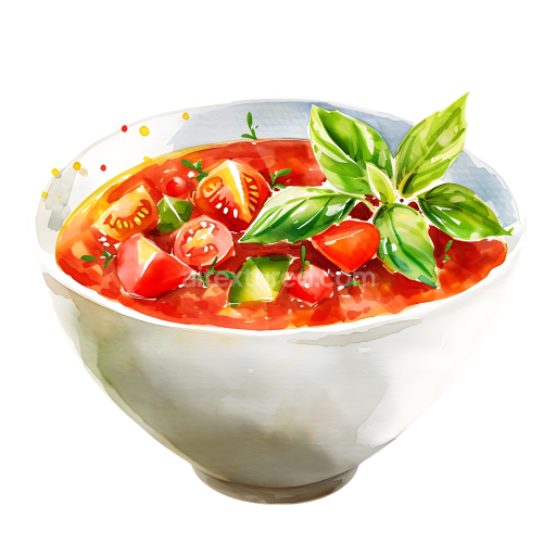 Breakfast Gazpacho Bowl with Cherry Tomatoes and Basil - Watercolor Style