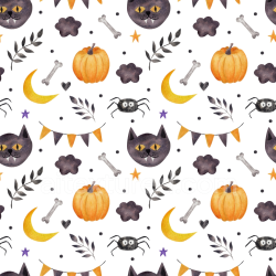 seamless Seamless 3D PBR Watercolor Halloween Pattern Texture with Pumpkin, Cat, and Spider Motifs texture 8k free download PBR