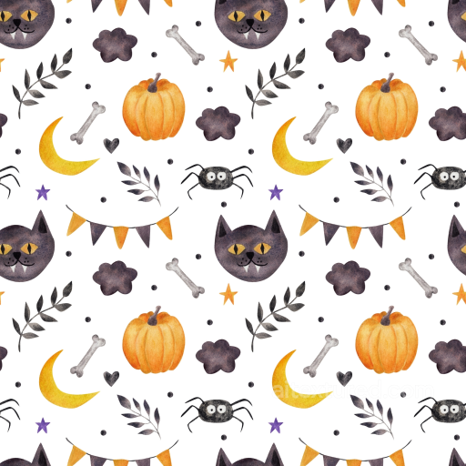 Watercolor Halloween Pattern Texture with Pumpkin, Cat, and Spider Motifs seamless Watercolor Halloween PBR texture