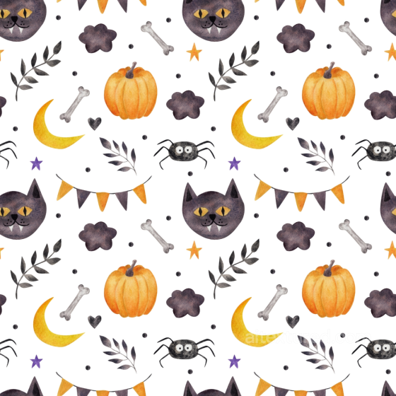 Watercolor Halloween Pattern Texture with Pumpkin, Cat, and Spider Motifs Watercolor Halloween texture preview