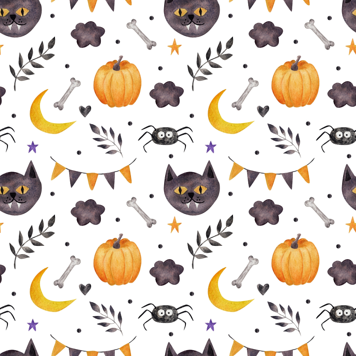 Watercolor Halloween Pattern with Pumpkin, Cat, and Spider Motifs seamless PBR texture preview