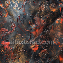seamless Seamless 3D Embossed Black Leather PBR Texture with Red Floral Detailing and Fine Grain texture 8k free download PBR