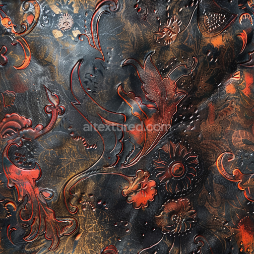 Seamless 3D Embossed Black Leather PBR Texture with Red Floral Detailing and Fine Grain