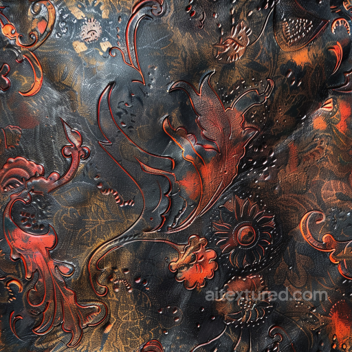 Embossed Black Leather PBR Texture with Red Floral Detailing and Fine Grain seamless Leather PBR texture