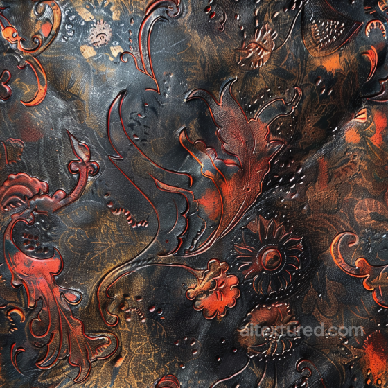 Embossed Black Leather PBR Texture with Red Floral Detailing and Fine Grain Leather texture preview