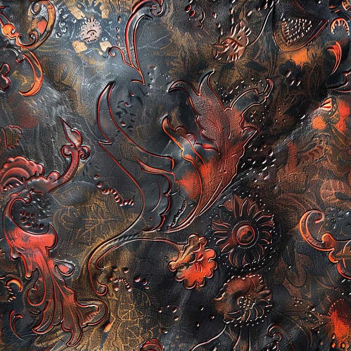 Embossed Black Leather with Red Floral Detailing and Fine Grain seamless PBR texture preview