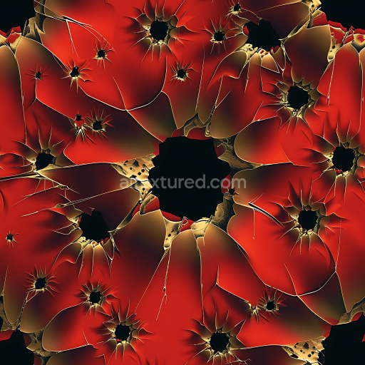 Seamless 3D Shattered Glass PBR Texture with Jagged Holes and Bright Red Highlights