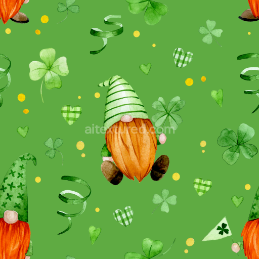 Seamless 3D PBR St Patrick Fabric Texture with Gnomes and Shamrocks