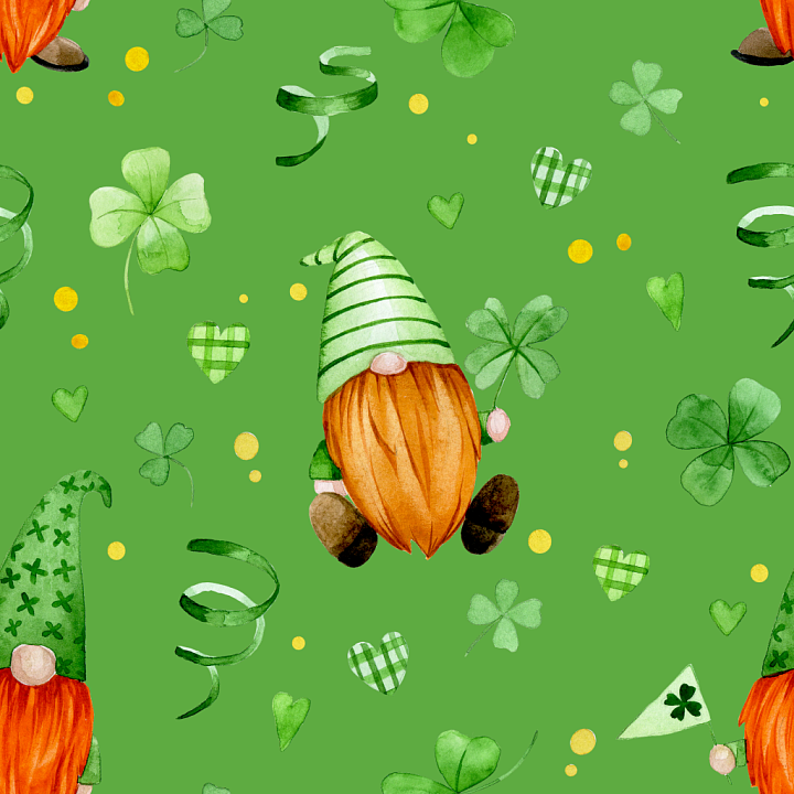 St Patrick Fabric with Gnomes and Shamrocks seamless PBR texture preview