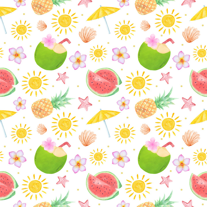 Pattern with Vibrant Tropical Fruits and Floral Motifs seamless PBR texture preview