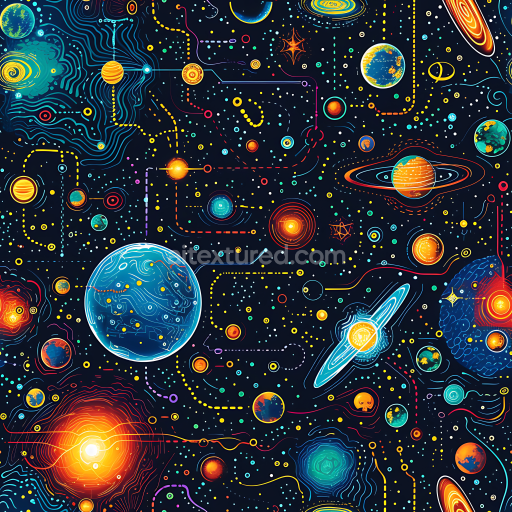 Seamless 3D Stylized Space PBR Texture with Vibrant Planets & Cosmic Paths