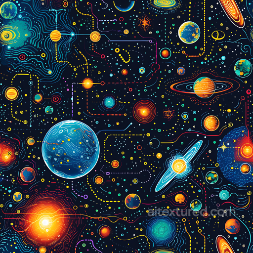 Stylized Space PBR Texture with Vibrant Planets & Cosmic Paths seamless Star, space, planets PBR texture