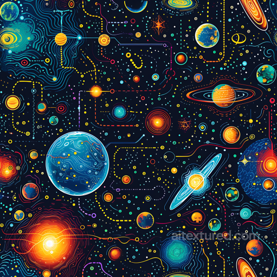 Stylized Space PBR Texture with Vibrant Planets & Cosmic Paths Star, space, planets texture preview